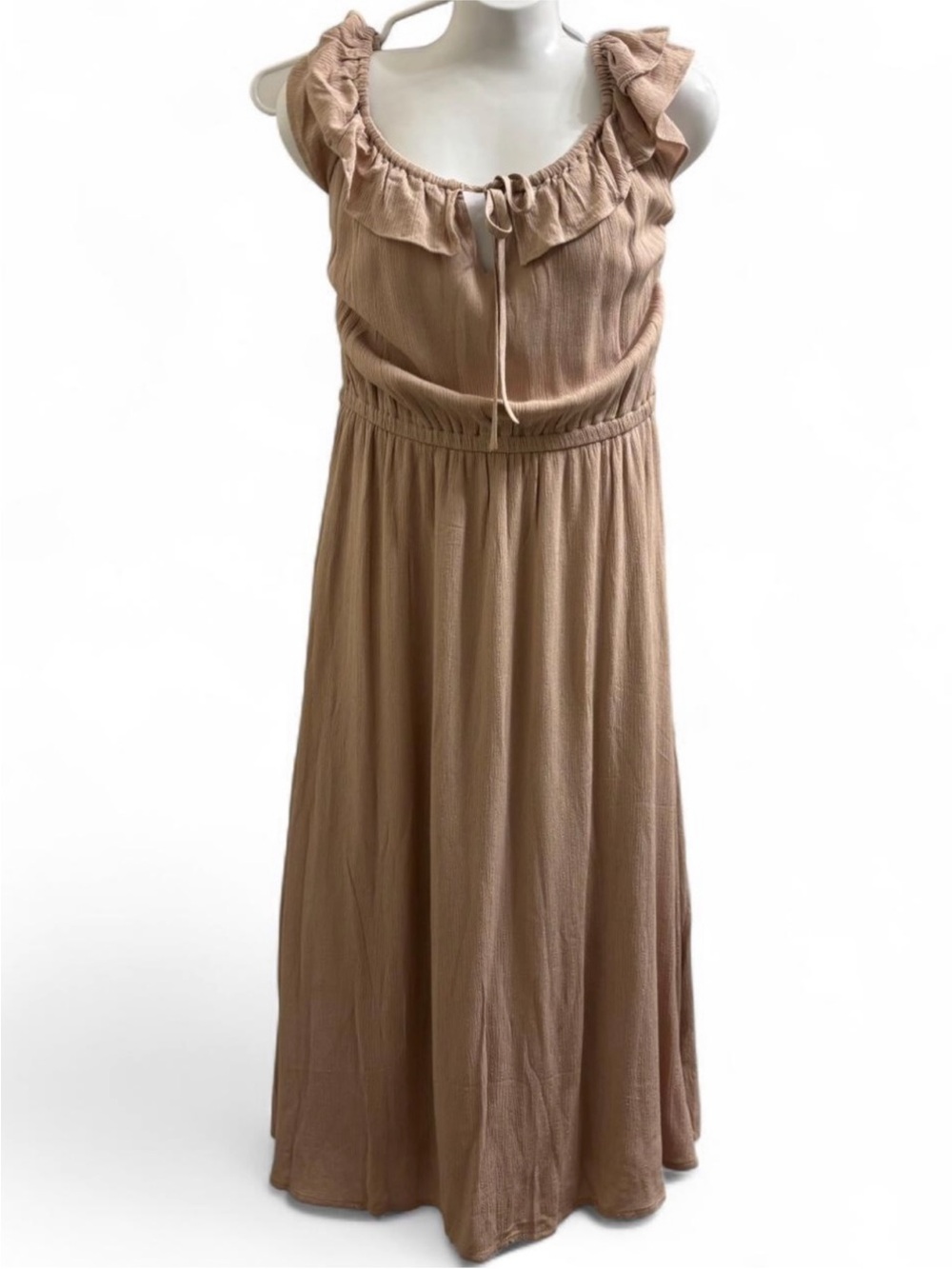 INC Sleeveless Ruffle-Neck Midi Dress in Tan and subtle metallic gold threads - Picture 2 of 6